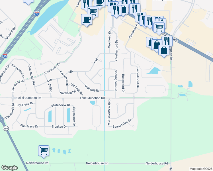 map of restaurants, bars, coffee shops, grocery stores, and more near 26599 Brentfield Road in Perrysburg