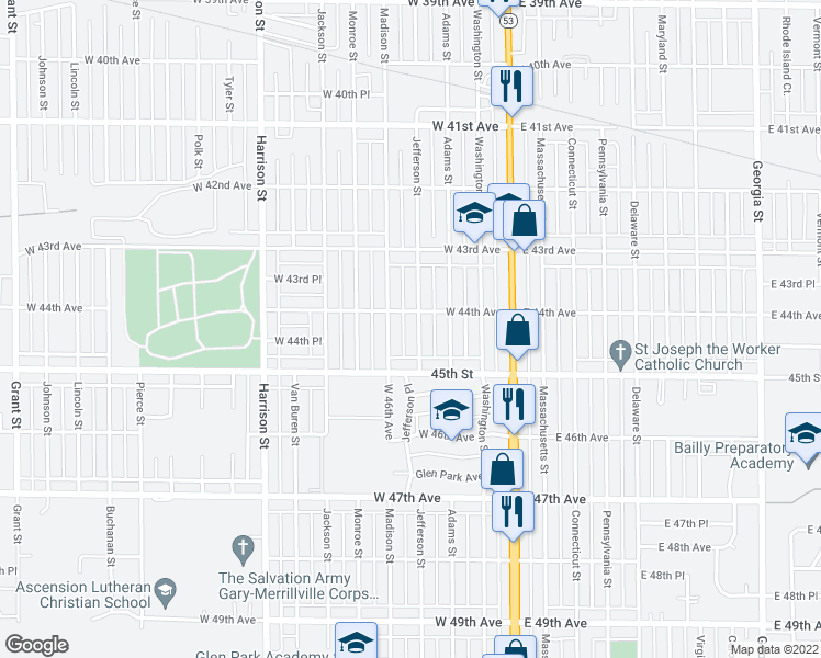 map of restaurants, bars, coffee shops, grocery stores, and more near 4424 Jefferson Street in Gary