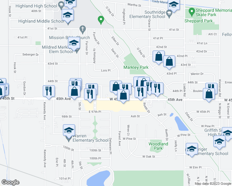 map of restaurants, bars, coffee shops, grocery stores, and more near 9636 Forrest Drive in Highland