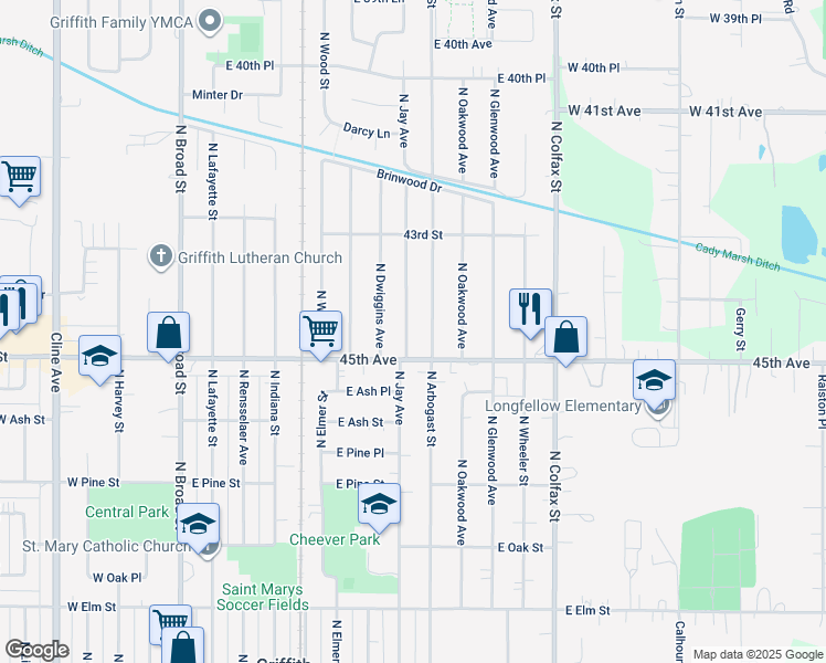 map of restaurants, bars, coffee shops, grocery stores, and more near 923 North Jay Avenue in Griffith