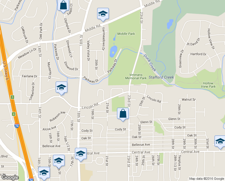 map of restaurants, bars, coffee shops, grocery stores, and more near 1543 Forest Hills Road in Bettendorf