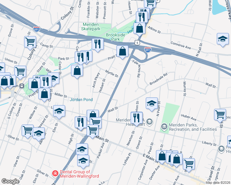 map of restaurants, bars, coffee shops, grocery stores, and more near 684 U.S. 5 in Meriden
