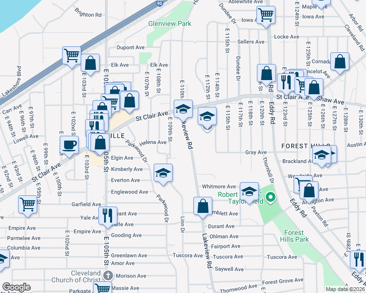 map of restaurants, bars, coffee shops, grocery stores, and more near 706 Lakeview Road in Cleveland