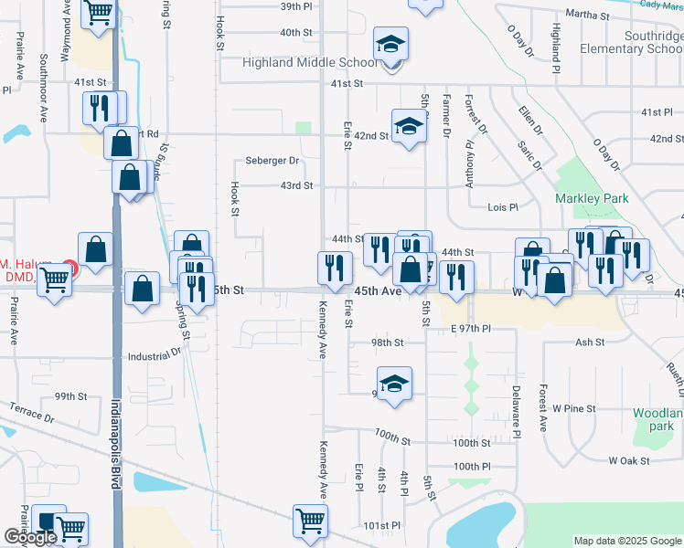 map of restaurants, bars, coffee shops, grocery stores, and more near 9636 Erie St in Highland