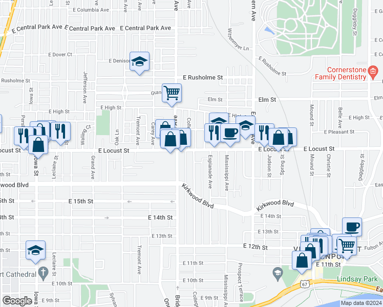 map of restaurants, bars, coffee shops, grocery stores, and more near 1223 East Locust Street in Davenport