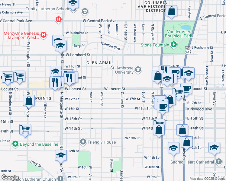 map of restaurants, bars, coffee shops, grocery stores, and more near 731 Locust Street in Davenport