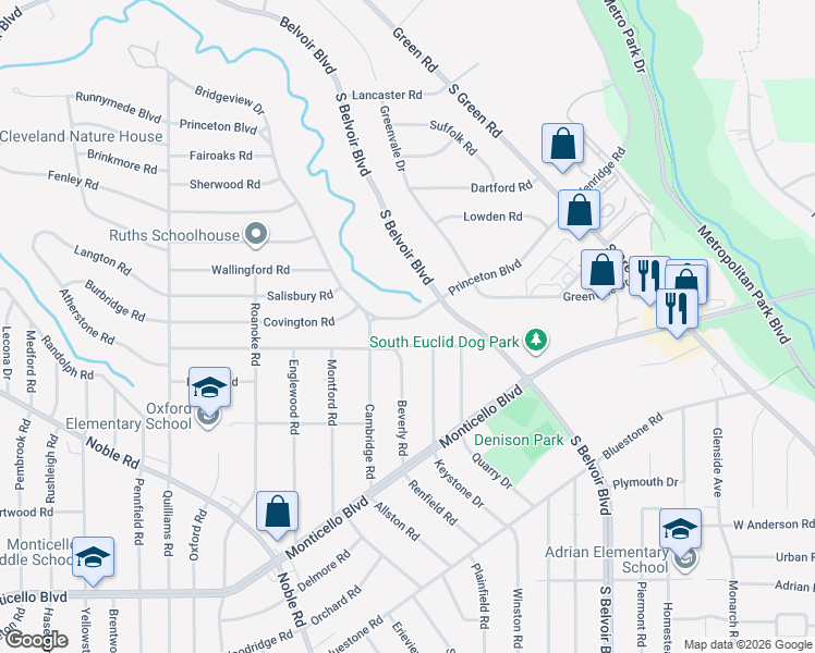 map of restaurants, bars, coffee shops, grocery stores, and more near 4088 Princeton Boulevard in South Euclid
