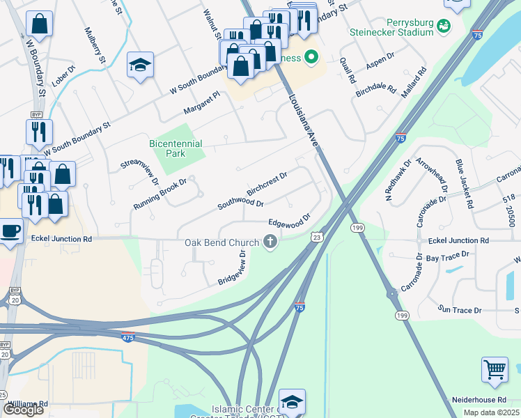 map of restaurants, bars, coffee shops, grocery stores, and more near 265 Southwood Dr in Perrysburg