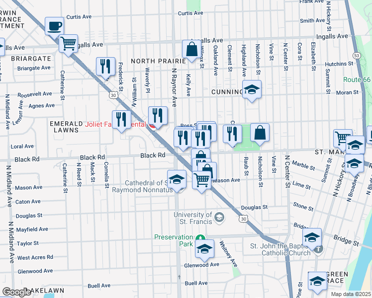 map of restaurants, bars, coffee shops, grocery stores, and more near 800 North Raynor Avenue in Joliet