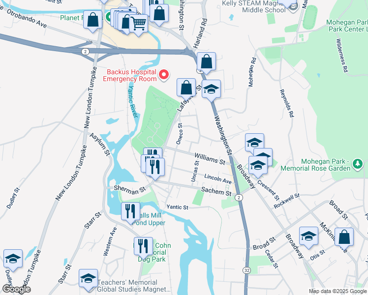 map of restaurants, bars, coffee shops, grocery stores, and more near 105 Williams Street in Norwich