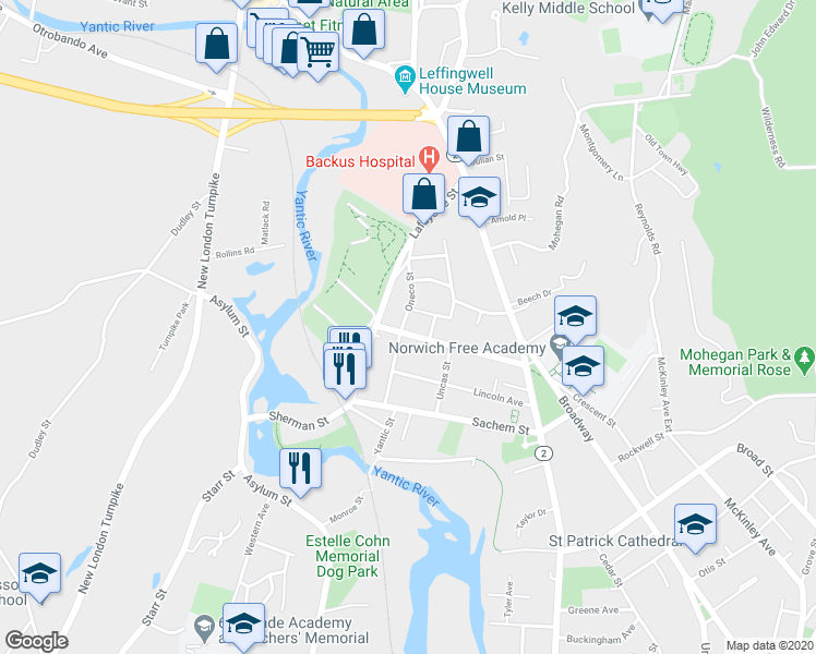 map of restaurants, bars, coffee shops, grocery stores, and more near 105 Williams Street in Norwich