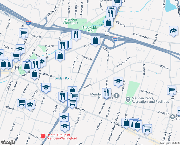 map of restaurants, bars, coffee shops, grocery stores, and more near 684 U.S. 5 in Meriden