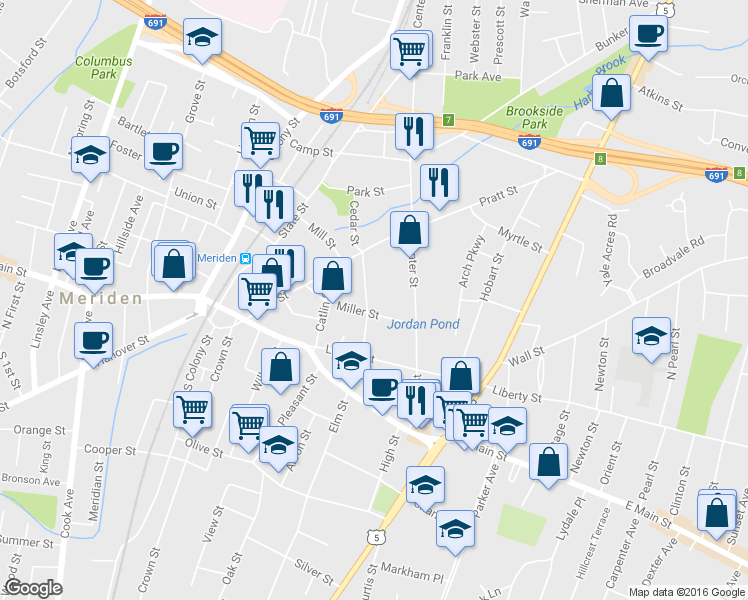 map of restaurants, bars, coffee shops, grocery stores, and more near 144 Miller Street in Meriden