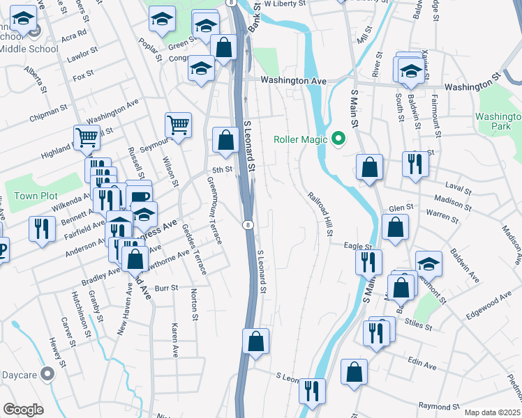 map of restaurants, bars, coffee shops, grocery stores, and more near 281 South Leonard Street in Waterbury