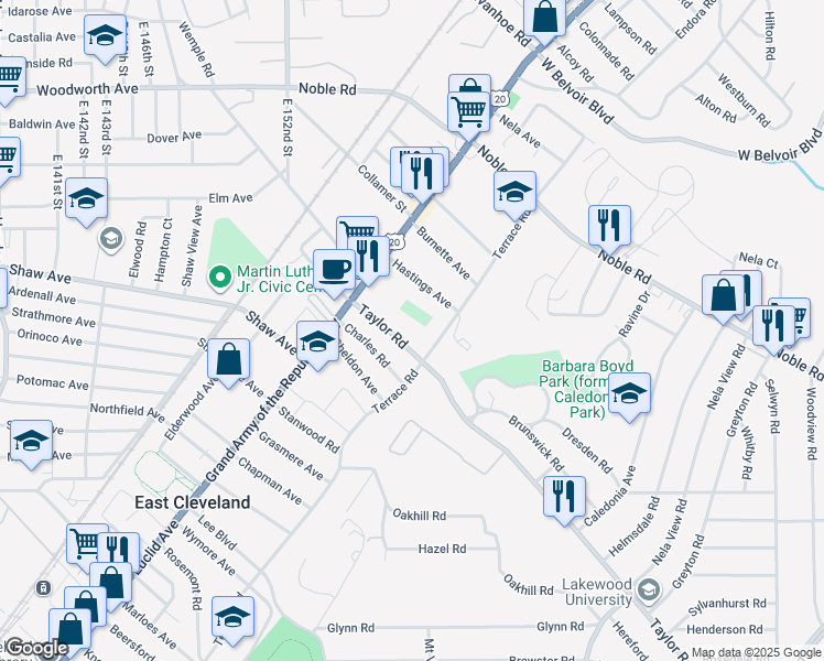 map of restaurants, bars, coffee shops, grocery stores, and more near 1867 North Taylor Road in East Cleveland