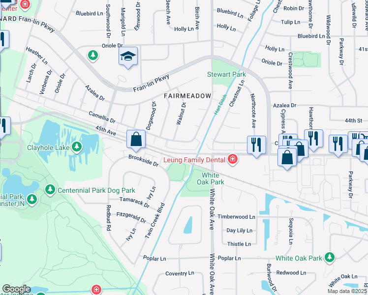 map of restaurants, bars, coffee shops, grocery stores, and more near 1412 Camellia Drive in Munster