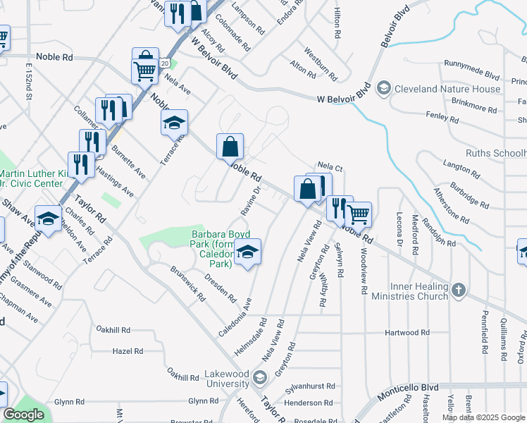 map of restaurants, bars, coffee shops, grocery stores, and more near 2066 Deanwood Street in East Cleveland