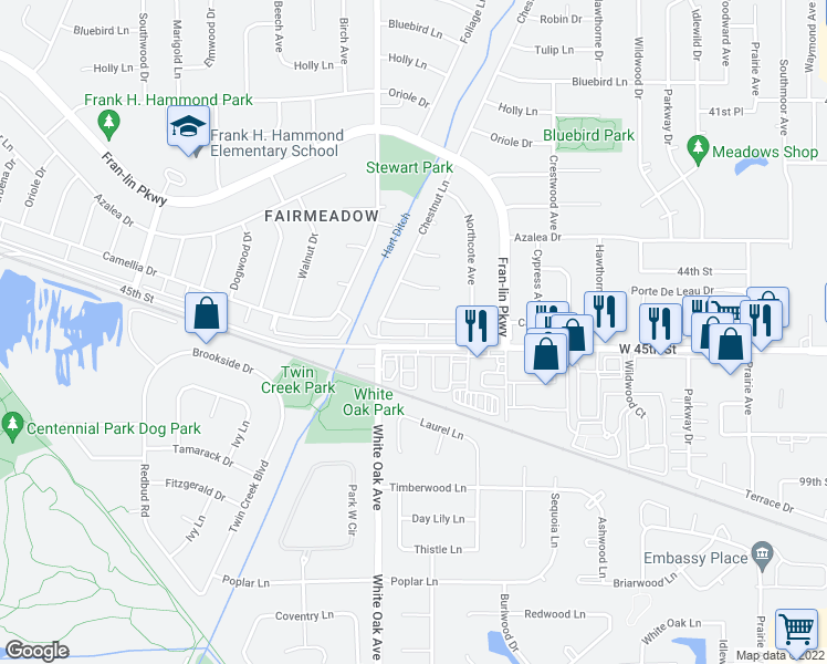 map of restaurants, bars, coffee shops, grocery stores, and more near 1628 Camellia Drive in Munster