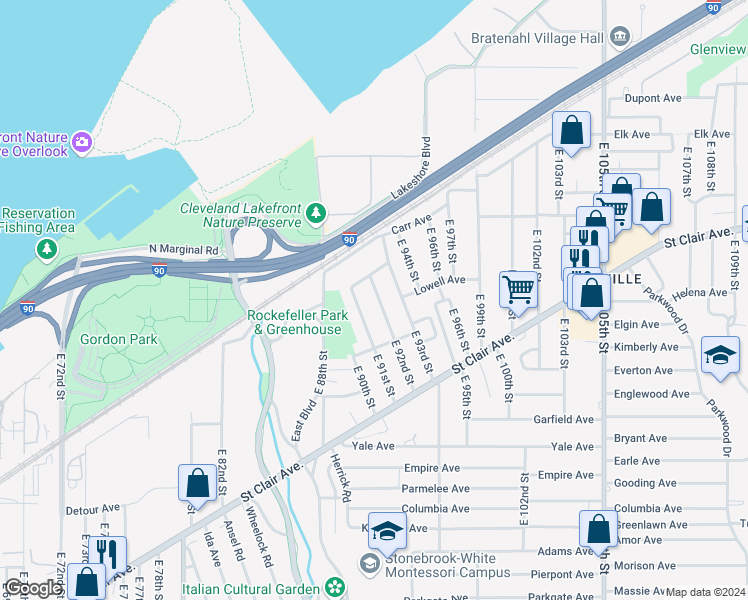 map of restaurants, bars, coffee shops, grocery stores, and more near 674 East 92nd Street in Cleveland