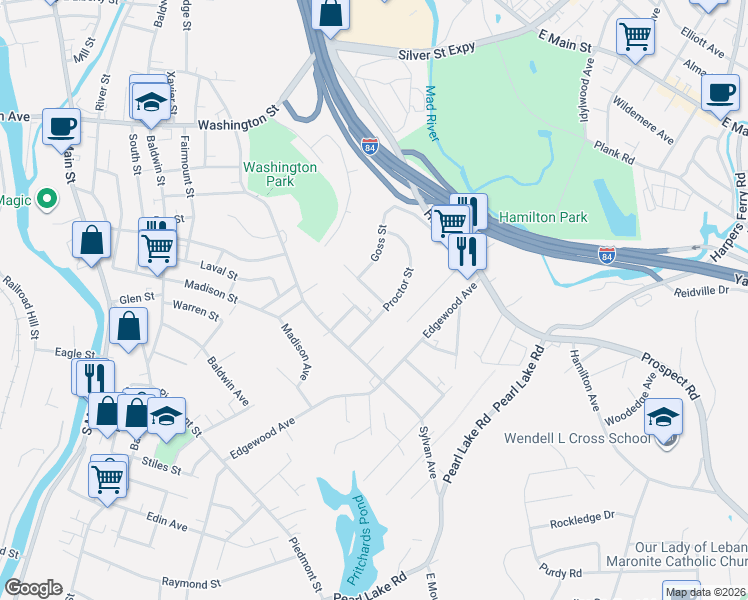 map of restaurants, bars, coffee shops, grocery stores, and more near 316 Rawley Avenue in Waterbury