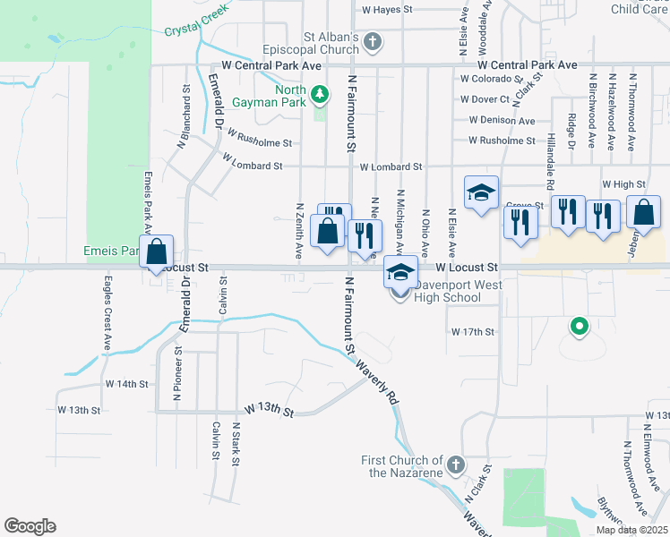 map of restaurants, bars, coffee shops, grocery stores, and more near Locust Street in Davenport