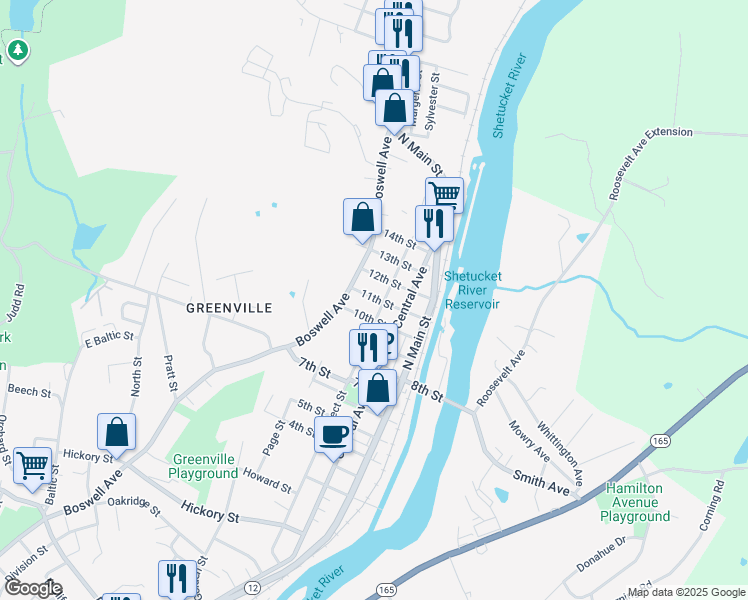 map of restaurants, bars, coffee shops, grocery stores, and more near 54 11th Street in Norwich