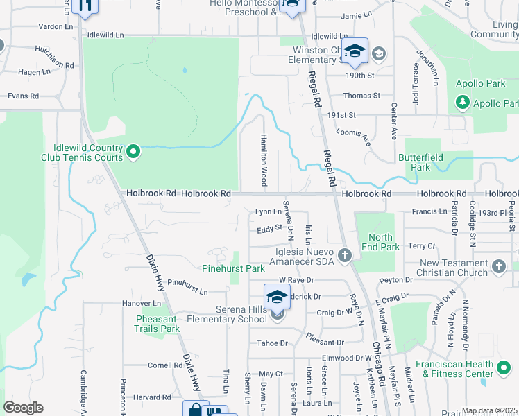 map of restaurants, bars, coffee shops, grocery stores, and more near 273 Lynn Lane in Chicago Heights