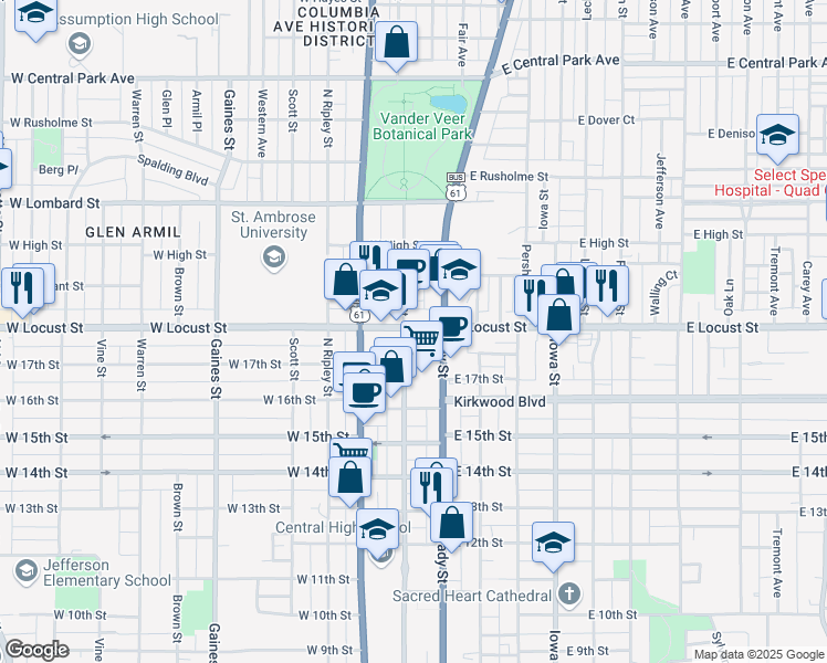 map of restaurants, bars, coffee shops, grocery stores, and more near 1800 North Brady Street in Davenport