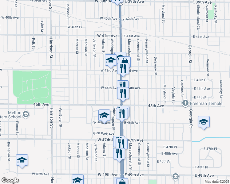 map of restaurants, bars, coffee shops, grocery stores, and more near 4417 Washington Street in Gary