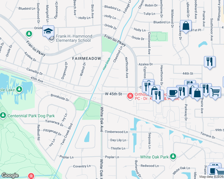 map of restaurants, bars, coffee shops, grocery stores, and more near 1630 Camellia Drive in Munster