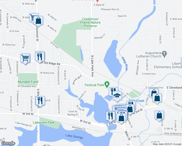 map of restaurants, bars, coffee shops, grocery stores, and more near 110 North Lake Park Avenue in Hobart