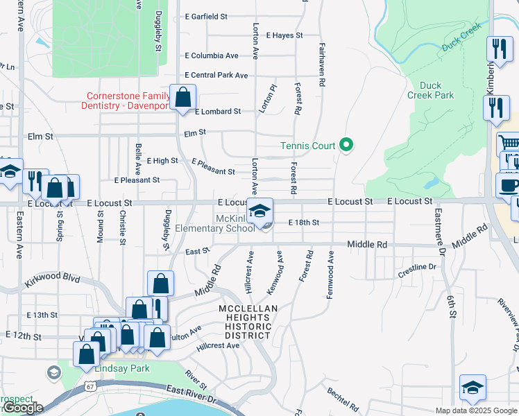 map of restaurants, bars, coffee shops, grocery stores, and more near 2625 East Locust Street in Davenport