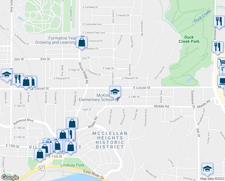 map of restaurants, bars, coffee shops, grocery stores, and more near 2625 East Locust Street in Davenport