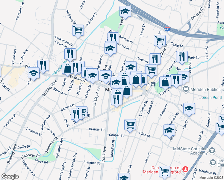 map of restaurants, bars, coffee shops, grocery stores, and more near Cook Ave & W Main St in Meriden