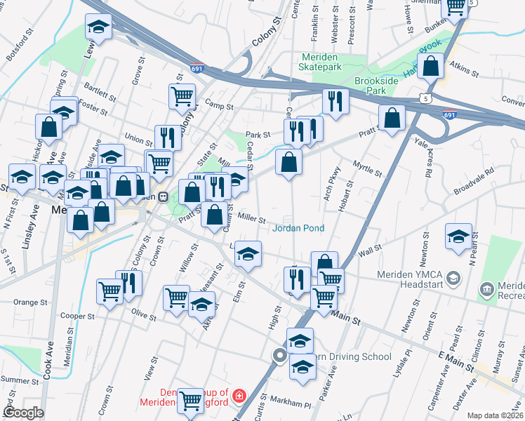 map of restaurants, bars, coffee shops, grocery stores, and more near 65 Twiss Street in Meriden