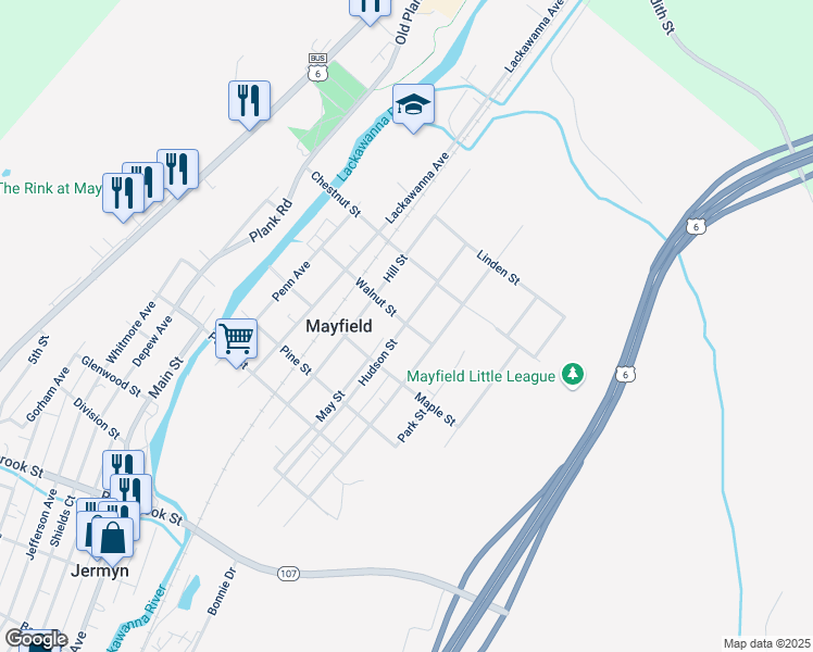map of restaurants, bars, coffee shops, grocery stores, and more near 900 Walnut Street in Mayfield