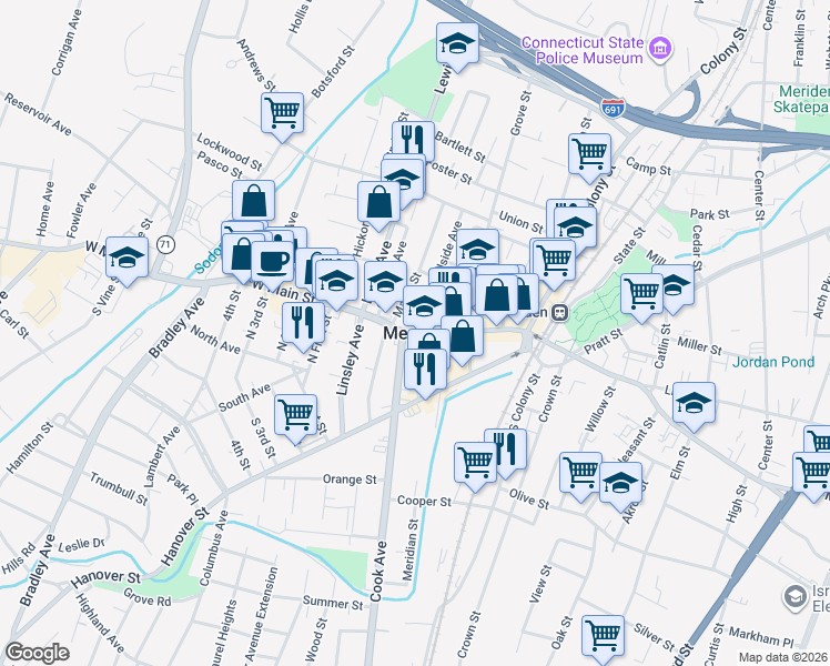 map of restaurants, bars, coffee shops, grocery stores, and more near in Meriden