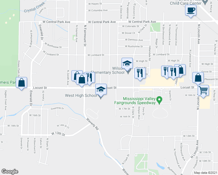 map of restaurants, bars, coffee shops, grocery stores, and more near West Locust Street in Davenport