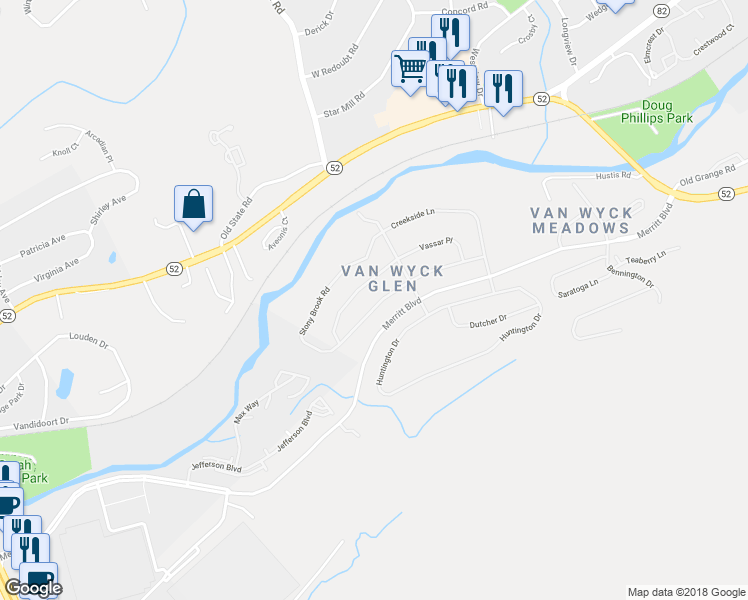 map of restaurants, bars, coffee shops, grocery stores, and more near 114 Stony Brook Road in Fishkill