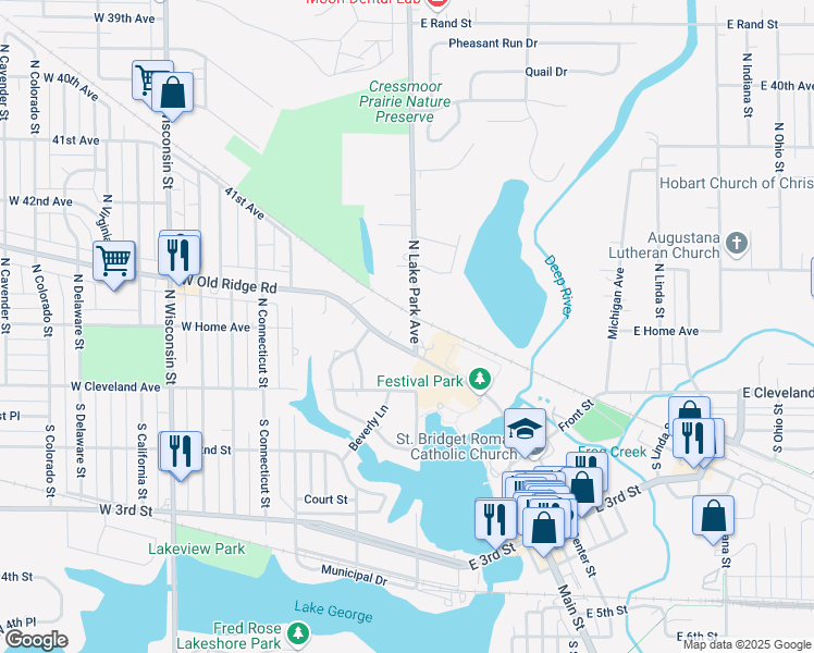 map of restaurants, bars, coffee shops, grocery stores, and more near 111 North Lake Park Avenue in Hobart