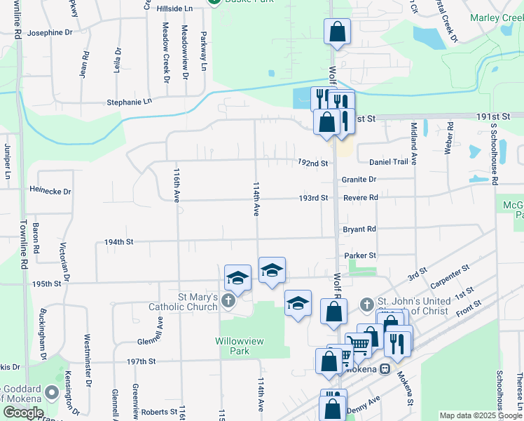 map of restaurants, bars, coffee shops, grocery stores, and more near 19325 114th Avenue in Mokena