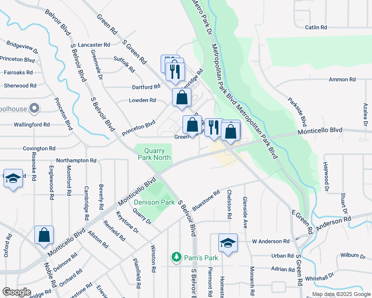 map of restaurants, bars, coffee shops, grocery stores, and more near 4223 Monticello Boulevard in South Euclid