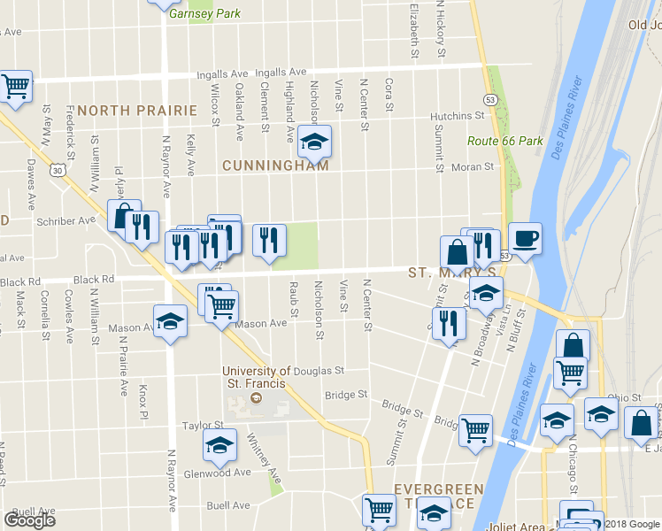 map of restaurants, bars, coffee shops, grocery stores, and more near 455 Ruby Street in Joliet
