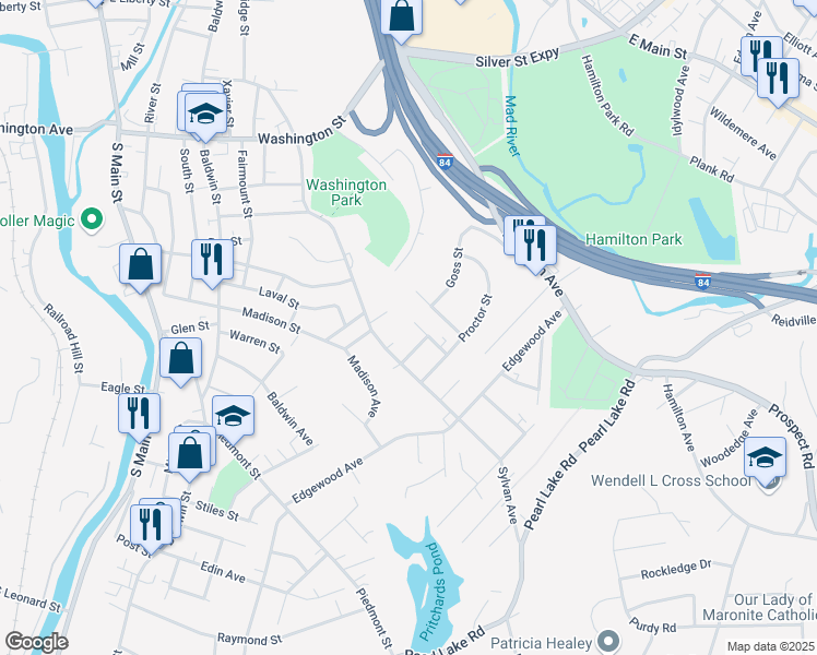 map of restaurants, bars, coffee shops, grocery stores, and more near 91 Golden Hill Street in Waterbury