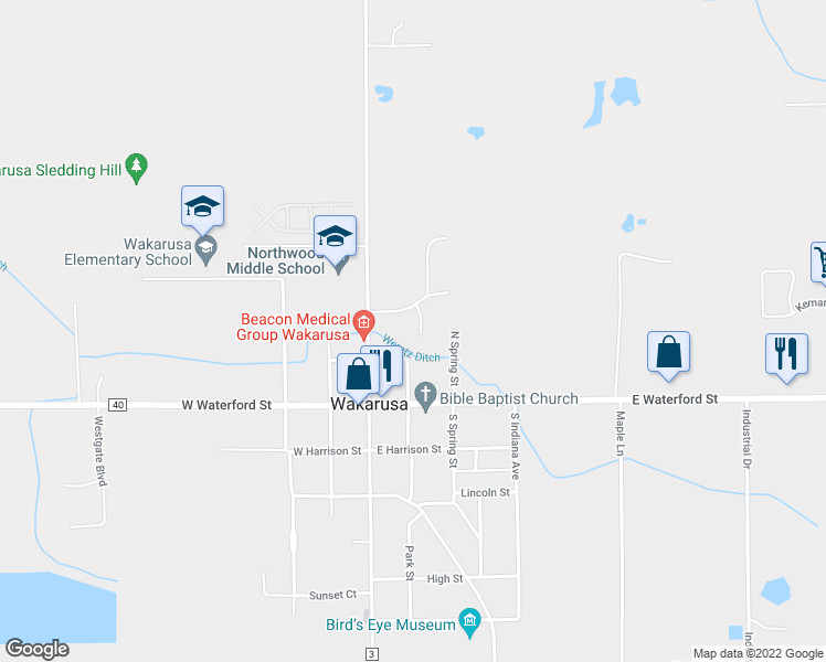 map of restaurants, bars, coffee shops, grocery stores, and more near 19 Crabtree Court in Wakarusa