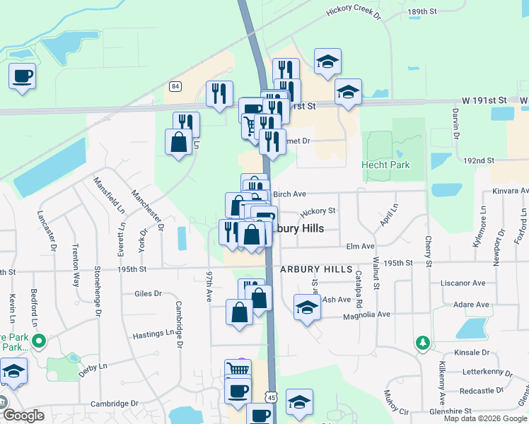 map of restaurants, bars, coffee shops, grocery stores, and more near 19340 South La Grange Road in Mokena