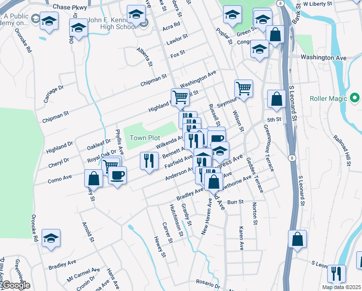 map of restaurants, bars, coffee shops, grocery stores, and more near 46 Bennett Avenue in Waterbury