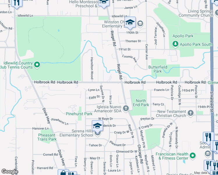 map of restaurants, bars, coffee shops, grocery stores, and more near 213 Lynn Lane in Chicago Heights