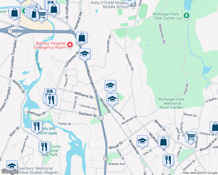 map of restaurants, bars, coffee shops, grocery stores, and more near 25 Carroll Avenue in Norwich