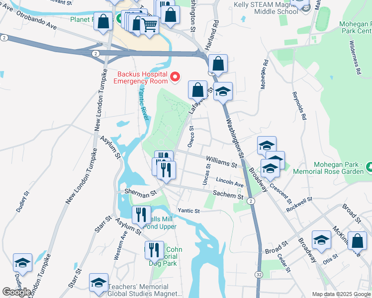 map of restaurants, bars, coffee shops, grocery stores, and more near 105 Williams Street in Norwich